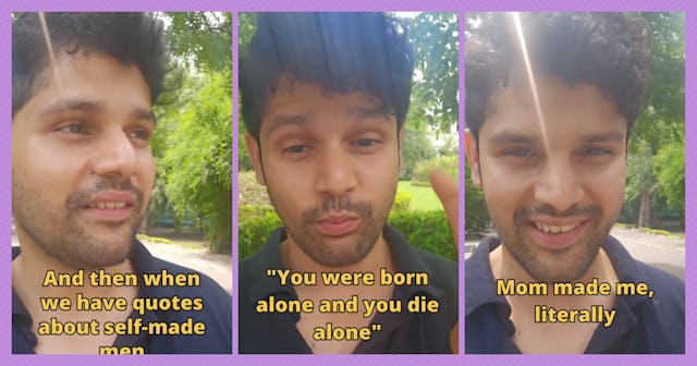 Three images of a man outdoors, sharing thoughts on self-made success, loneliness, and a humorous st...