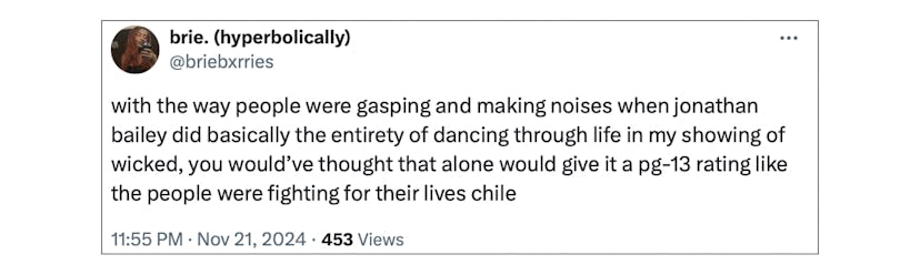 An X post about Jonathan Bailey in 'Wicked' that states, "with the way people were gasping and makin...