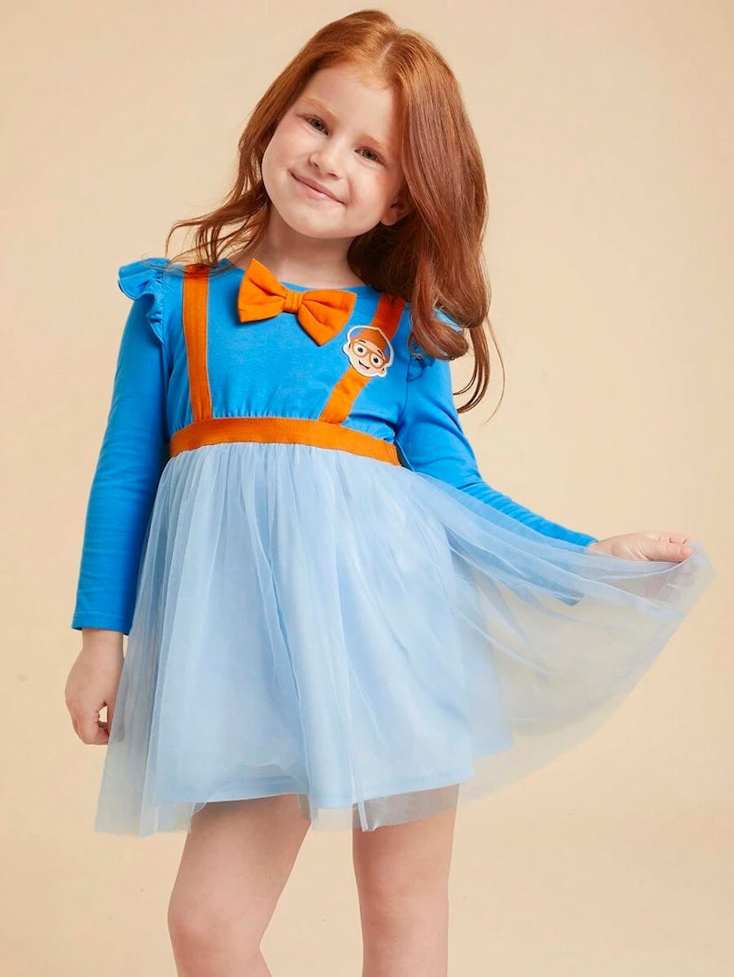 Young Girl Ruffle Trim Contrast Color 2 In 1 Dress With Bow & Mesh