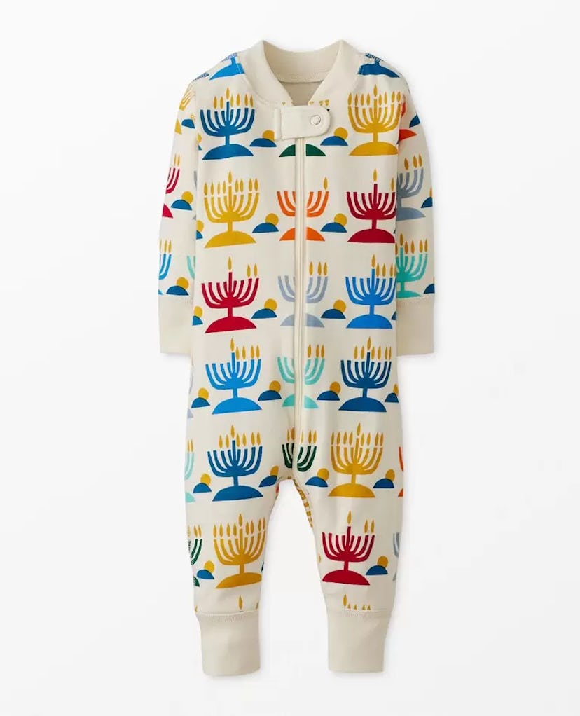 Baby Holiday Zip Sleeper with rainbow menorah print, super cute family matching hanukkah pajamas