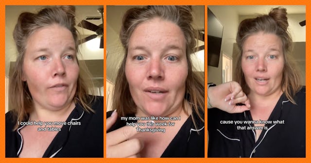 A woman is shown in three photos, expressing humorous frustration about helping with Thanksgiving ta...
