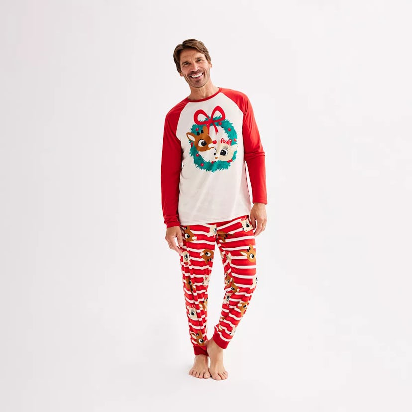 Men's Rudolph The Red-Nosed Reindeer Pajama Top & Pajama Bottoms Set, super cute family matching chr...