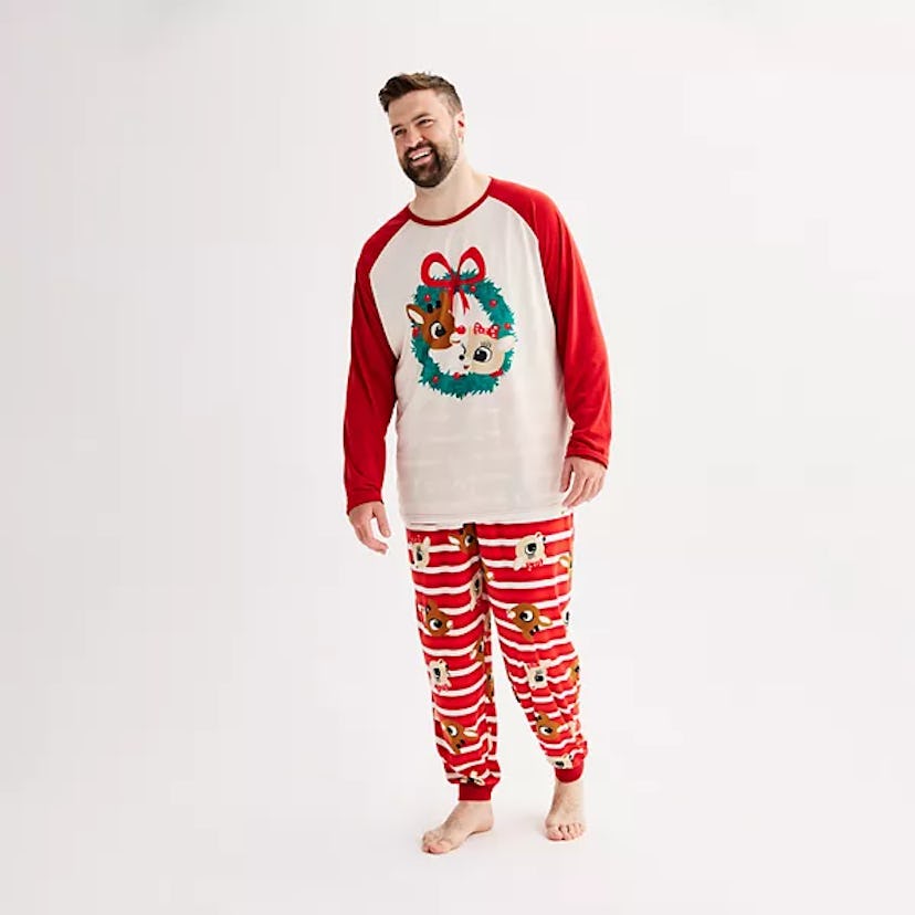 Men's Rudolph The Red-Nosed Reindeer Pajama Top & Pajama Bottoms Set, super cute family matching chr...