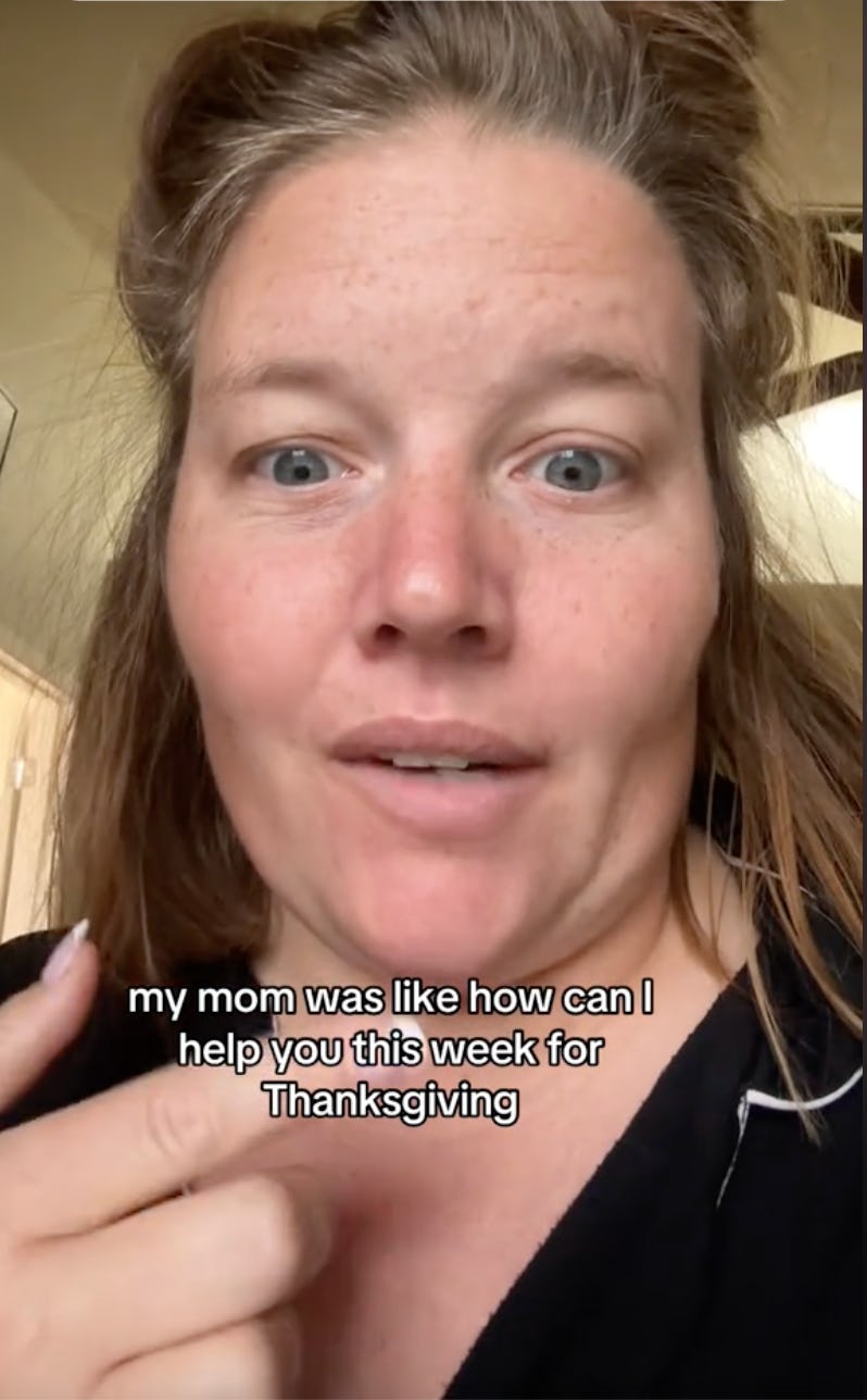 A woman with messy hair is speaking directly to the camera, expressing surprise about her mom's offe...