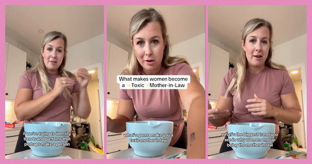 A woman in a pink top is engaged in conversation while cooking. Text overlays discuss traits that ca...