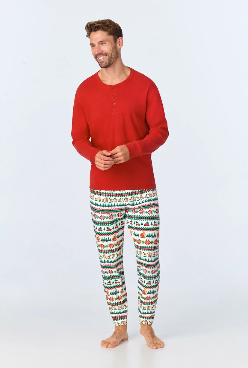 Festive Fairisle Men's Long Sleeve Henley and Jogger Stretch Jersey PJ Set, super cute family matchi...