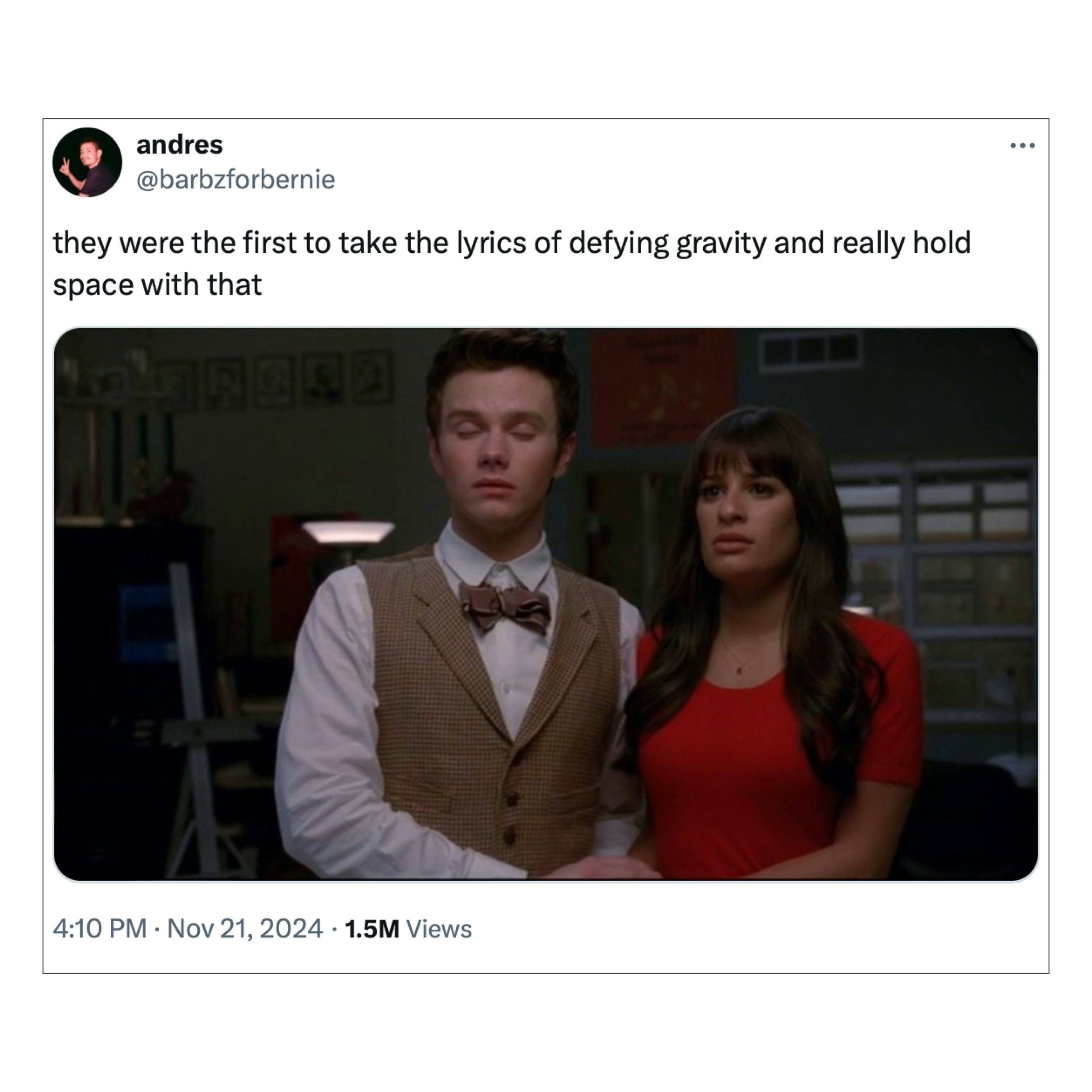 A screenshot of an X post that states, &ldquo;they were the first to take the lyrics of defying gravity an&hellip;