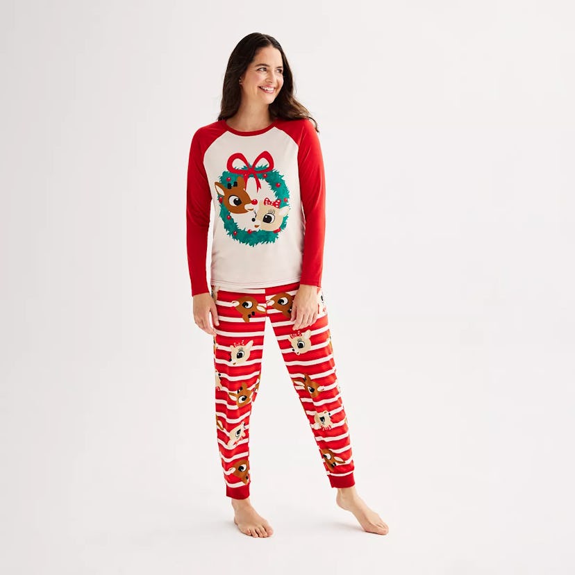 Women's Rudolph The Red-Nosed Reindeer Pajama Top & Pajama Bottoms Set, super cute family matching c...