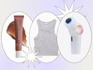 summer fridays lip balm; a khy tank top; and a therabody skin care tool