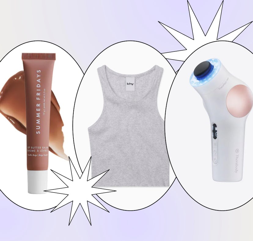 summer fridays lip balm; a khy tank top; and a therabody skin care tool