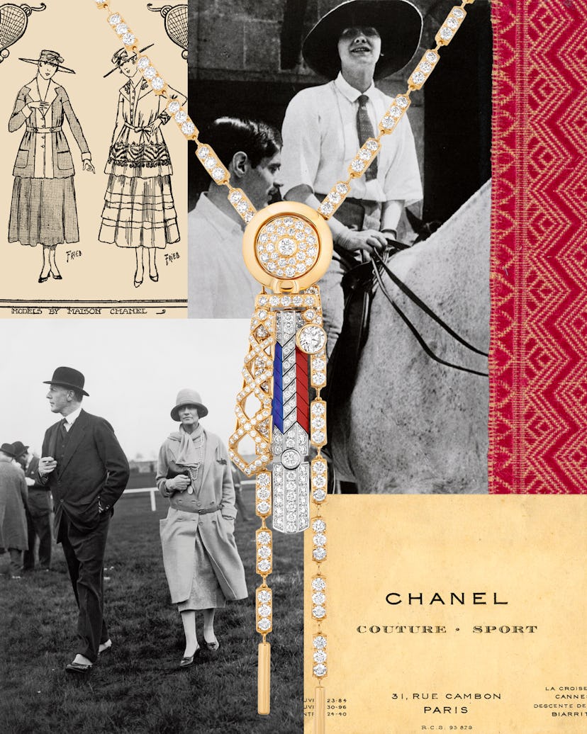 Collage of Coco Chanel with jewelry