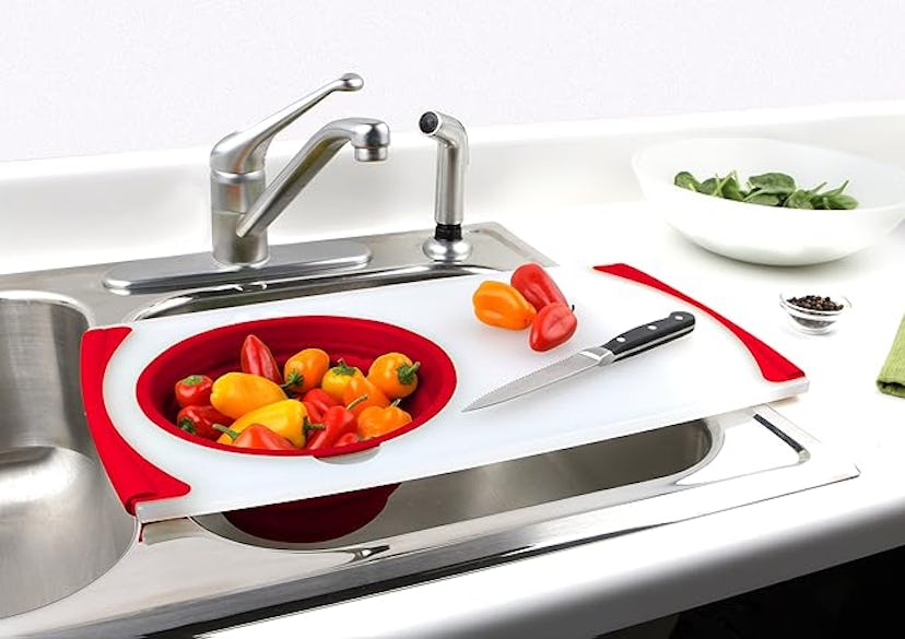 Dexas Over the Sink Cutting Board with Strainer