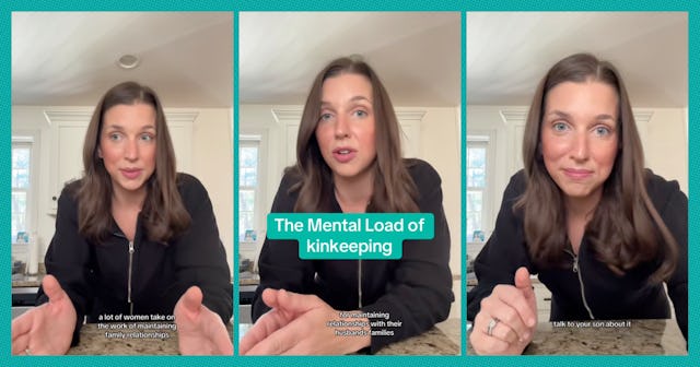 A series of three images showing a woman speaking about "The Mental Load of Kinkeeping." She appears...