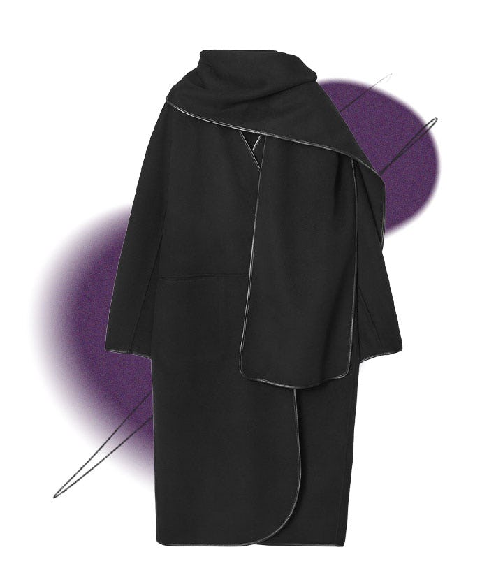 Leather-Trimmed Wool Scarf Coat
