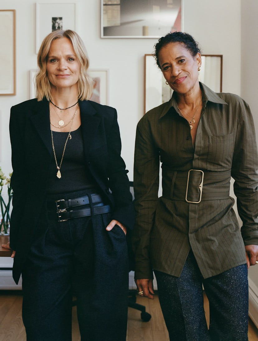 Left: Michi Jigarjian wears Proenza Schouler blazer; Michael Kors bodysuit, trousers, belts. Right: ...