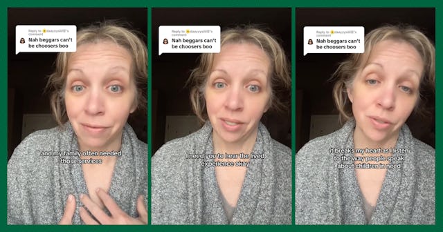 A woman with light hair, wearing a gray robe, shares her thoughts in a multi-panel video. She emphas...