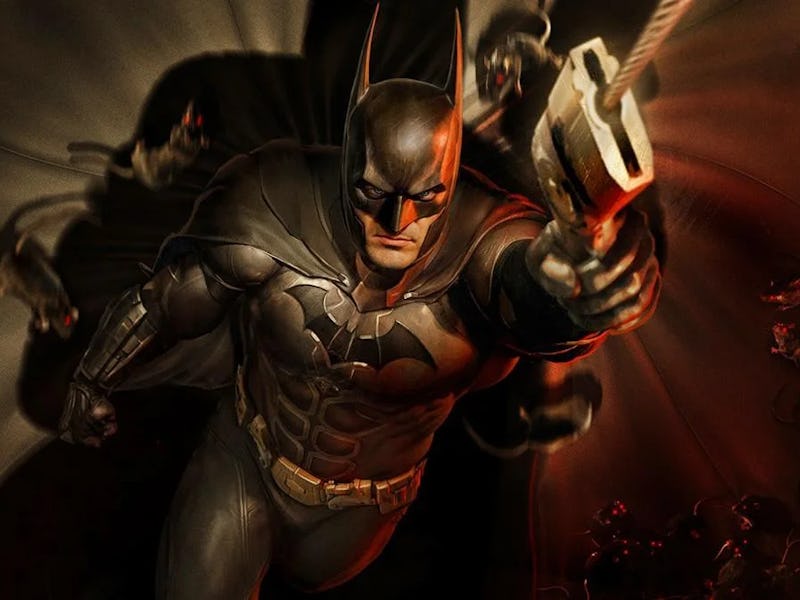 Batman uses his grappling hook