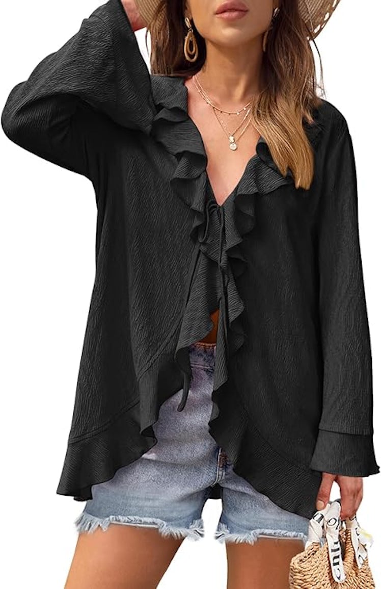 MEROKEETY Tie-Front Ruffle Blouse