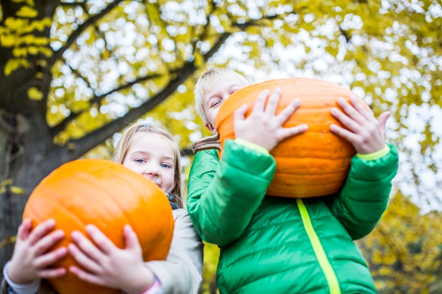 Two children smiling and holding large pumpkins, surrounded by trees with yellow leaves, embodying t...
