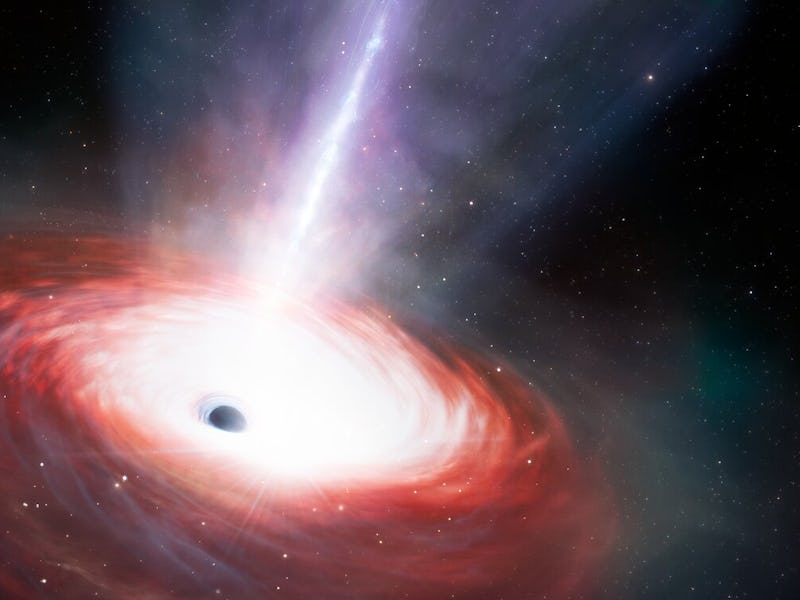 This artist’s illustration shows a rapidly feeding black hole that is emitting powerful outflows of ...