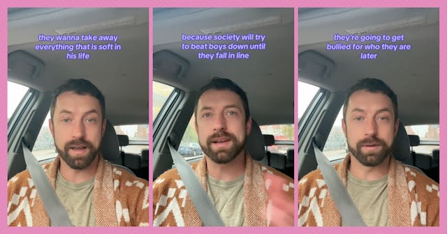 A man in a car speaks about societal pressures on boys, emphasizing how they can be bullied for thei...