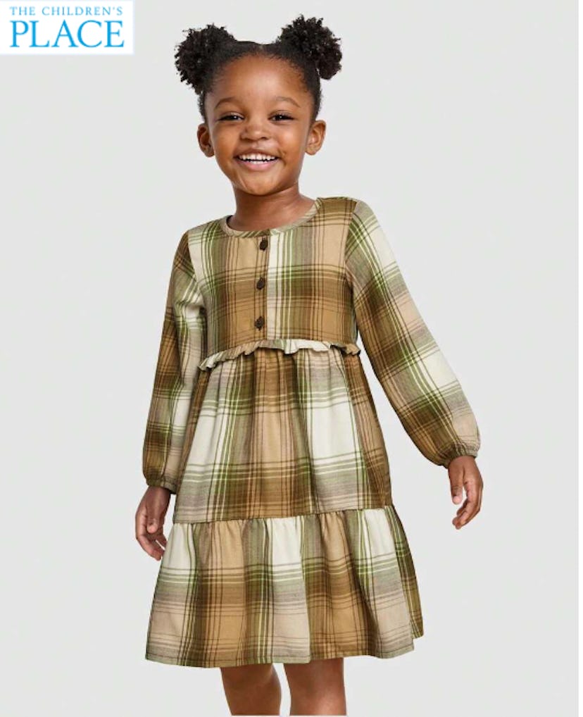 The Children's PLACE Toddler Girls Plaid Flannel Fall Tiered Ruffle Button Front Dress