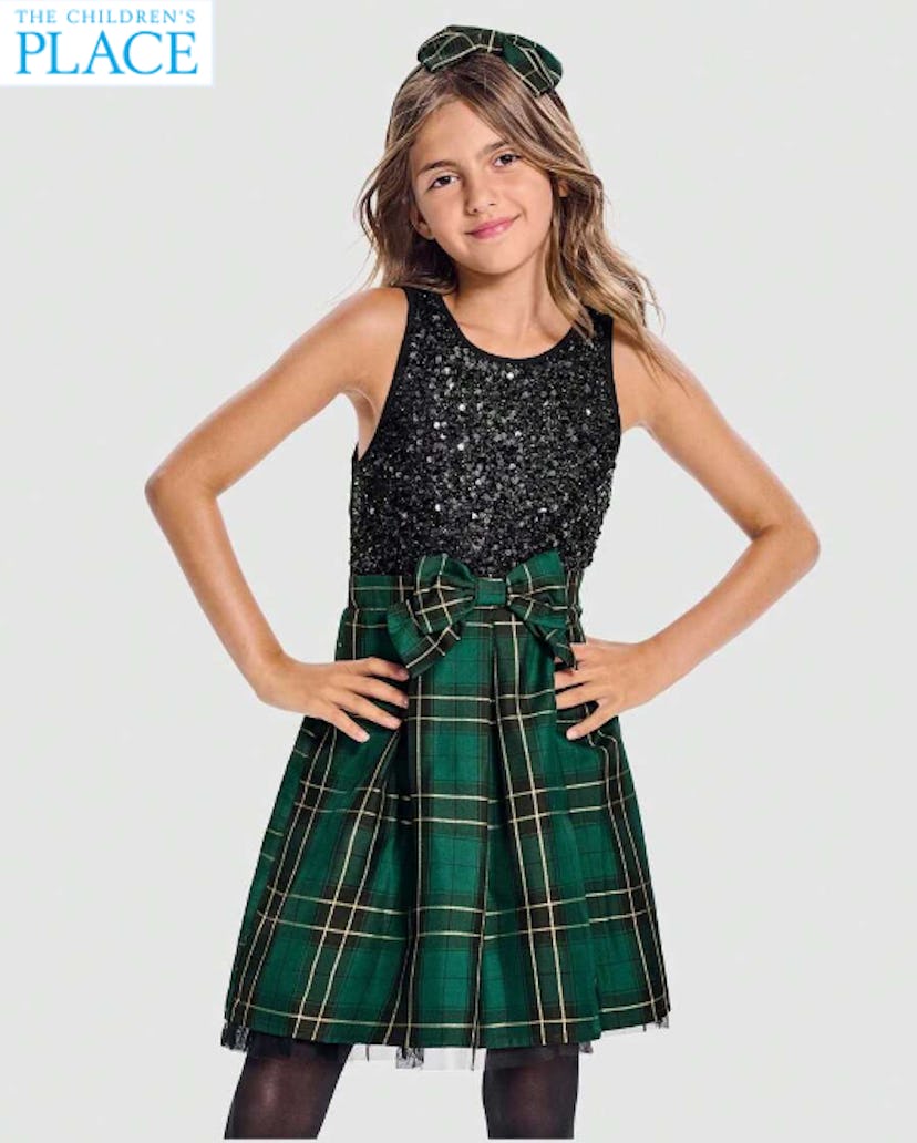 The Children's PLACE Girls Matching Family Plaid Sequin Fit And Flare Dress Christmas Holiday Photos