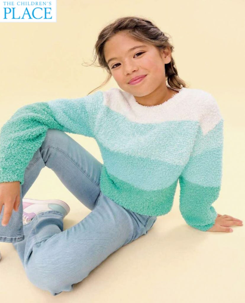 The Children's PLACE Girls Teal Aqua Striped Crewneck Sweater