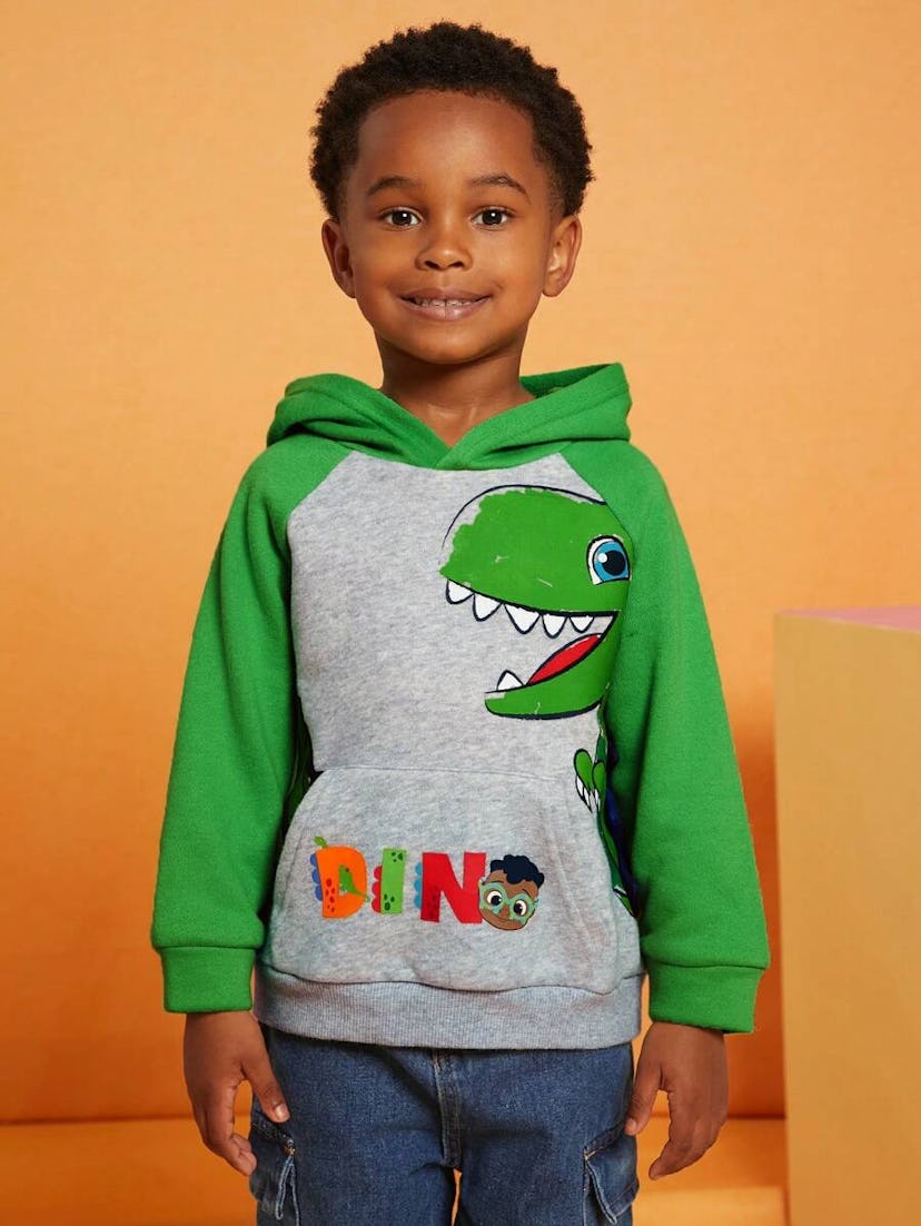 Young Boy Green Cartoon Dinosaur Graphic Print Hoodie