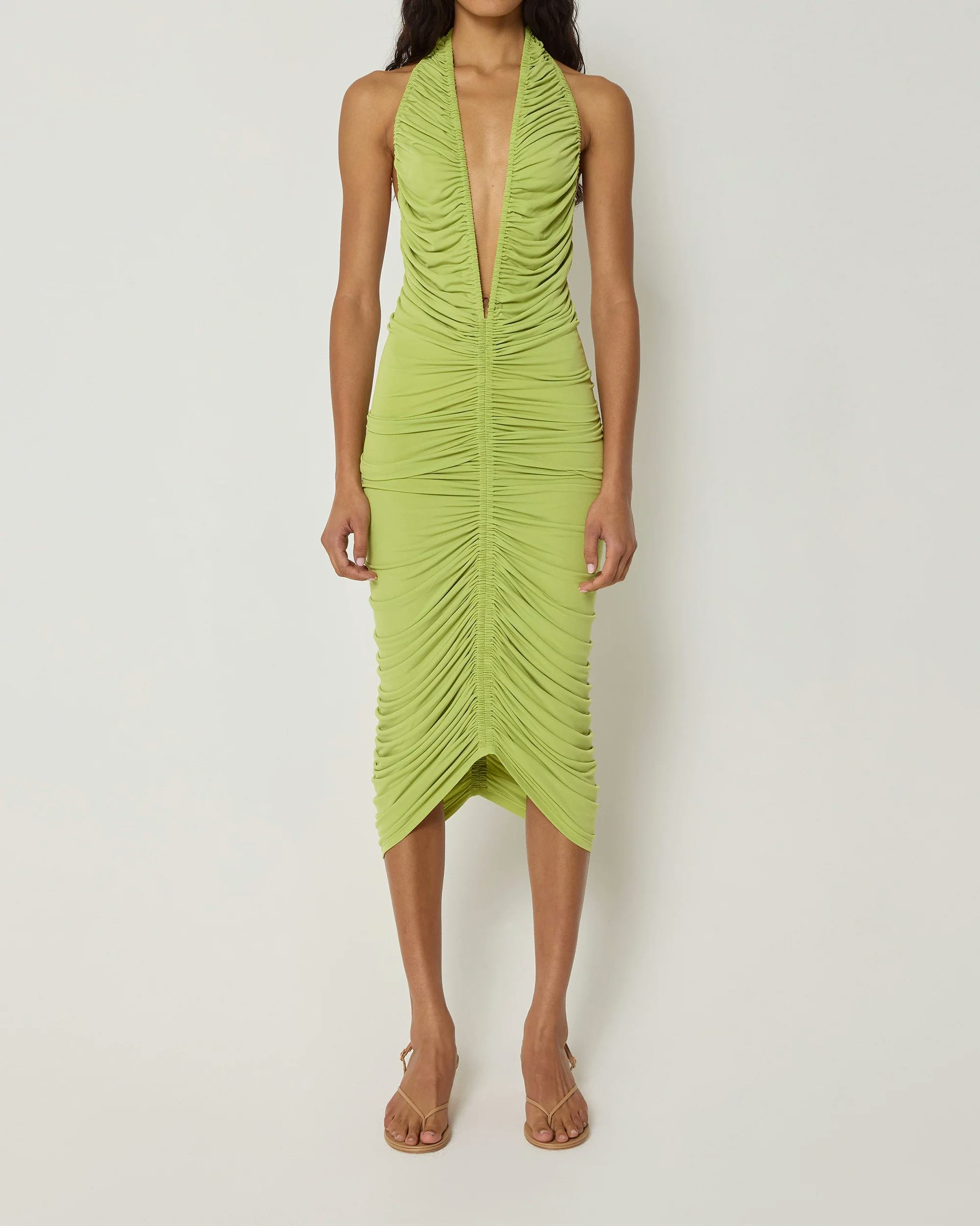 Plunging Ruched Midi Dress