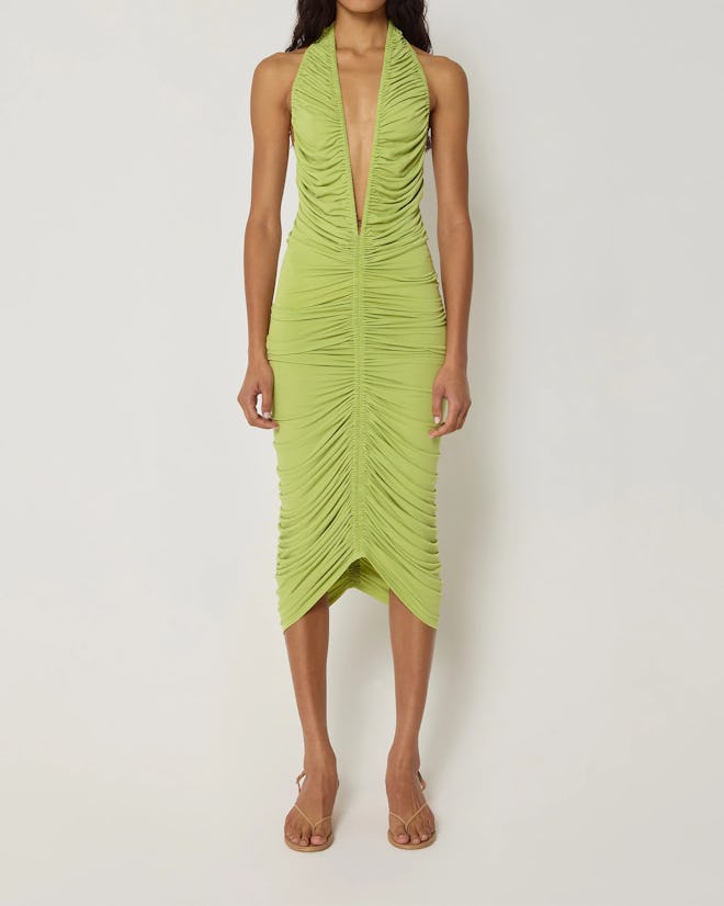 Plunging Ruched Midi Dress