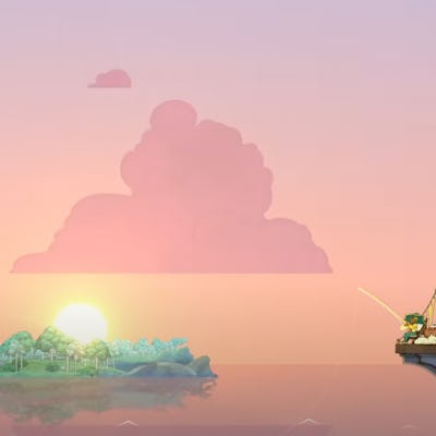 Still from spiritfarer of a girl fishing off the back of her boat as the sun rises