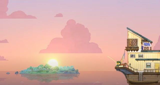 Still from spiritfarer of a girl fishing off the back of her boat as the sun rises