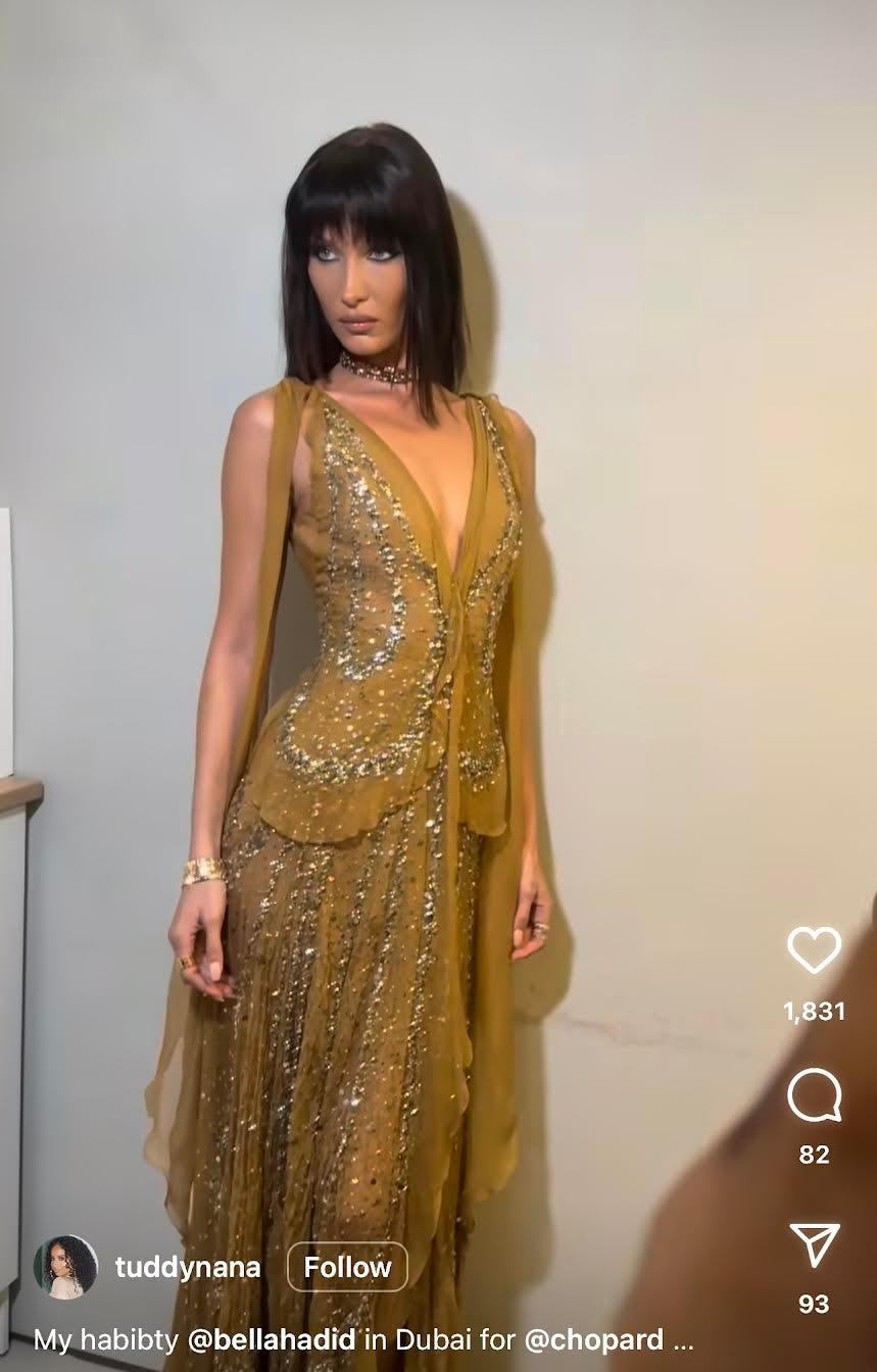 Bella Hadid rocked choppy bangs and dramatic eye makeup in Dubai.