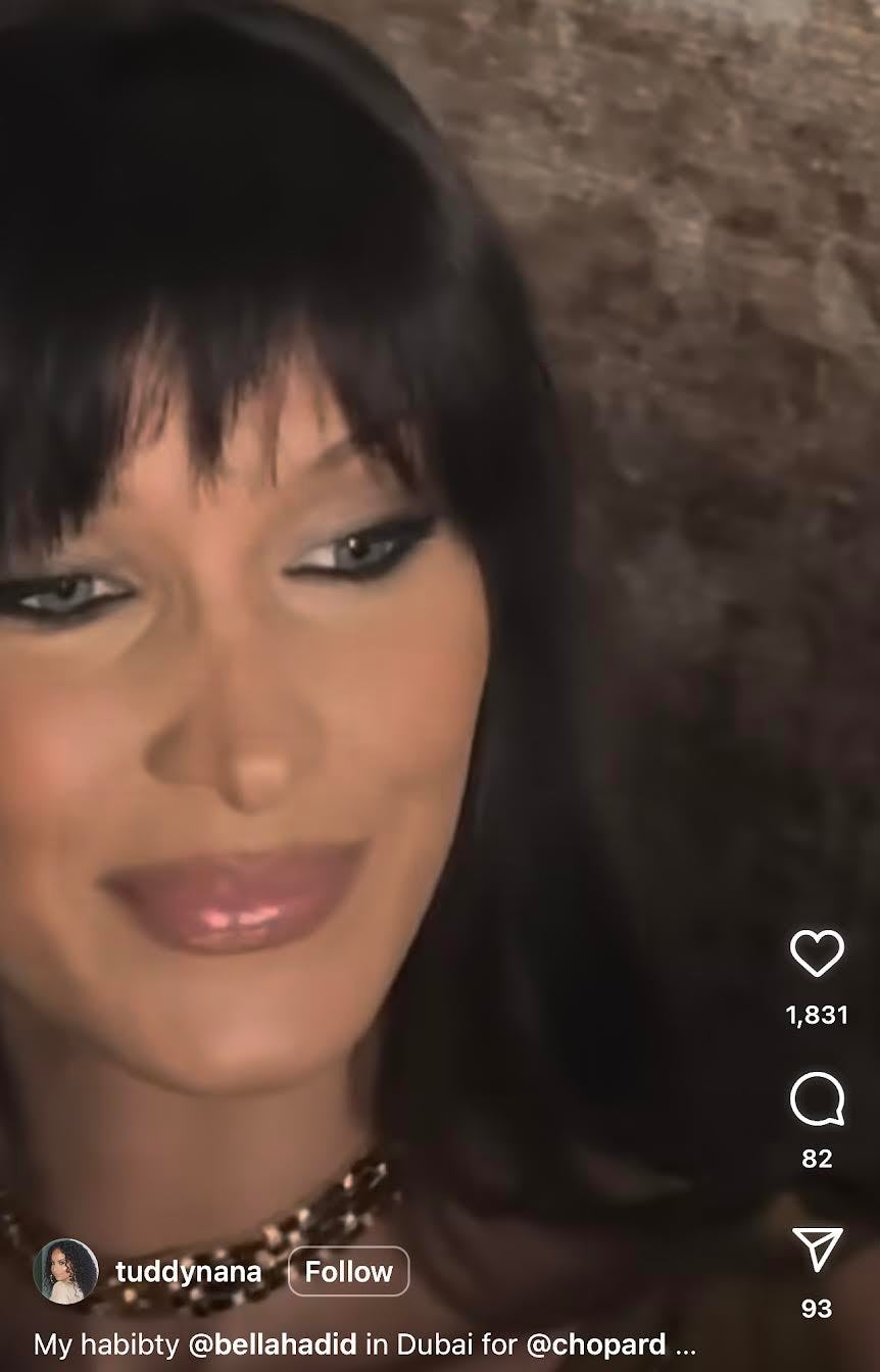 Bella Hadid rocked choppy bangs and dramatic eye makeup in Dubai.