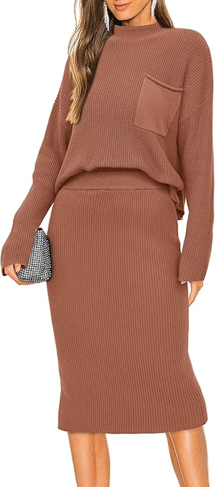 PRETTYGARDEN Ribbed Long Sleeve Midi Skirt Set (2 Pieces)