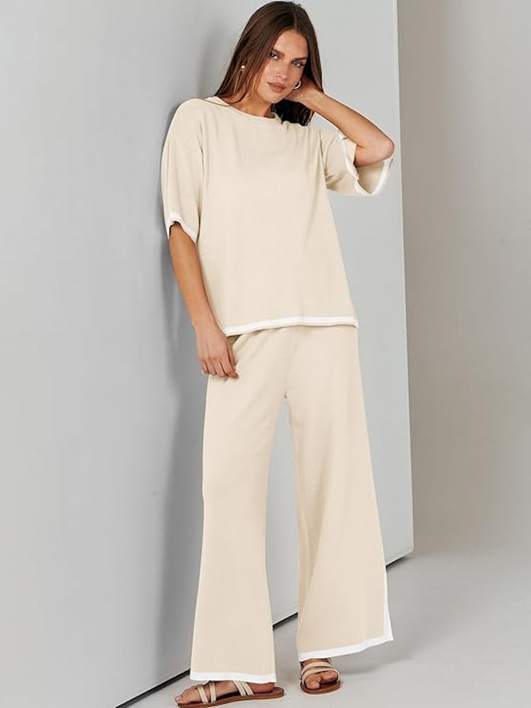 ANRABESS Short-Sleeve Shirt & Wide-Leg Pants Set