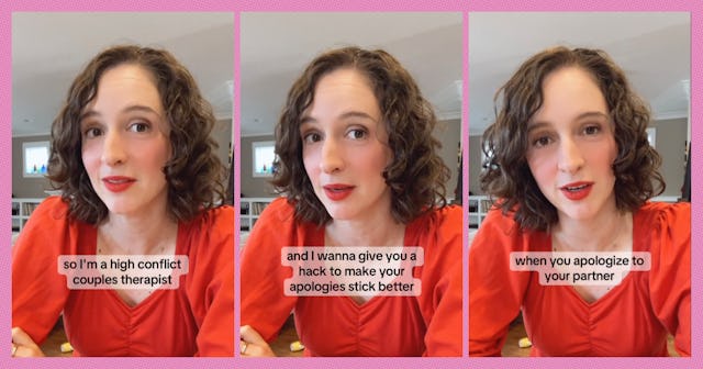 A woman with curly hair and red lipstick appears in three panels, sharing tips as a couples therapis...