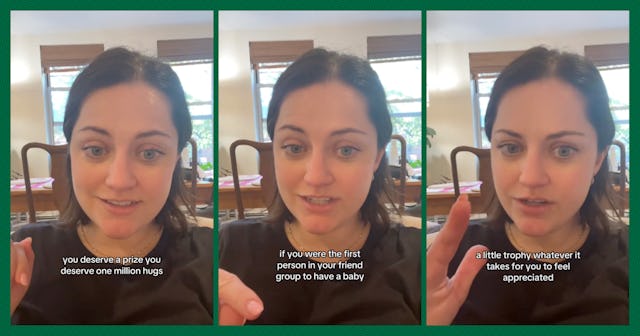 A woman speaks enthusiastically in three frames, sharing supportive messages about appreciation and ...