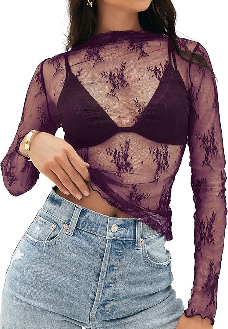 MEROKEETY Mesh Sheer Long-Sleeve Layering Top