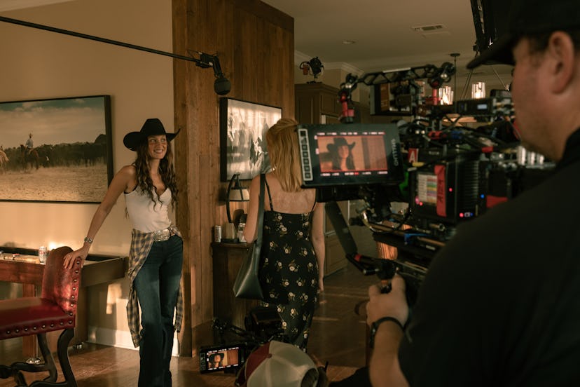 Bella Hadid made a cameo in Paramount’s Yellowstone in a white tank, jeans, and cowboy hat.