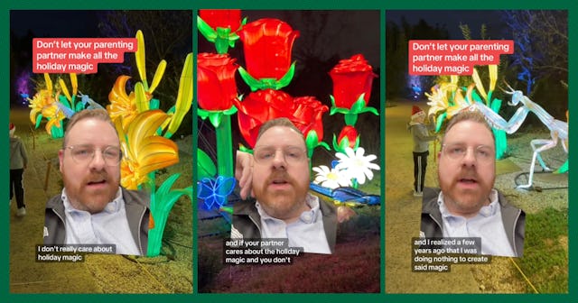 A man speaks about holiday magic in a series of clips, set against colorful illuminated flowers and ...