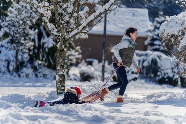 A woman pulls a child on a sled through a snowy landscape, surrounded by winter trees. The scene cap...