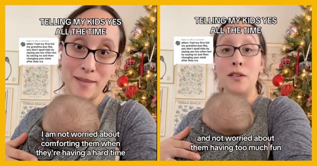 A parent with glasses speaks on screen while holding a baby. Text highlights their parenting approac...