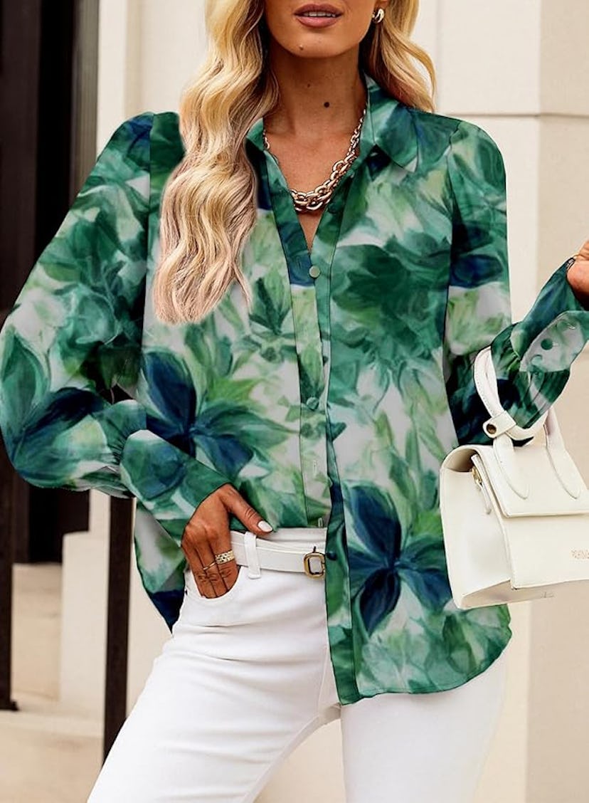 EVALESS Button-Down Printed Blouse 