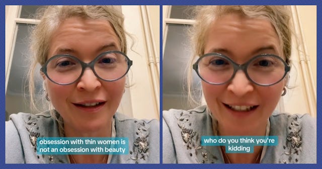 A person with glasses makes a point about societal beauty standards, expressing thoughts on women's ...