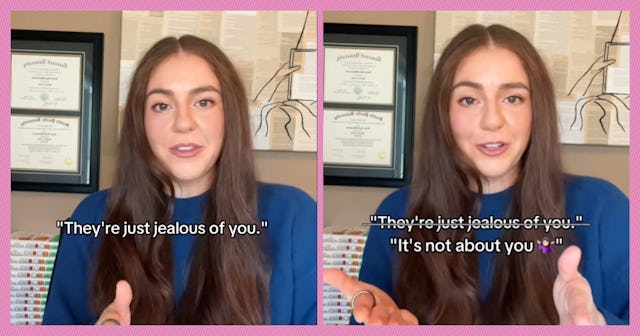 A young woman with long brown hair speaks on camera, conveying phrases about jealousy and self-perce...