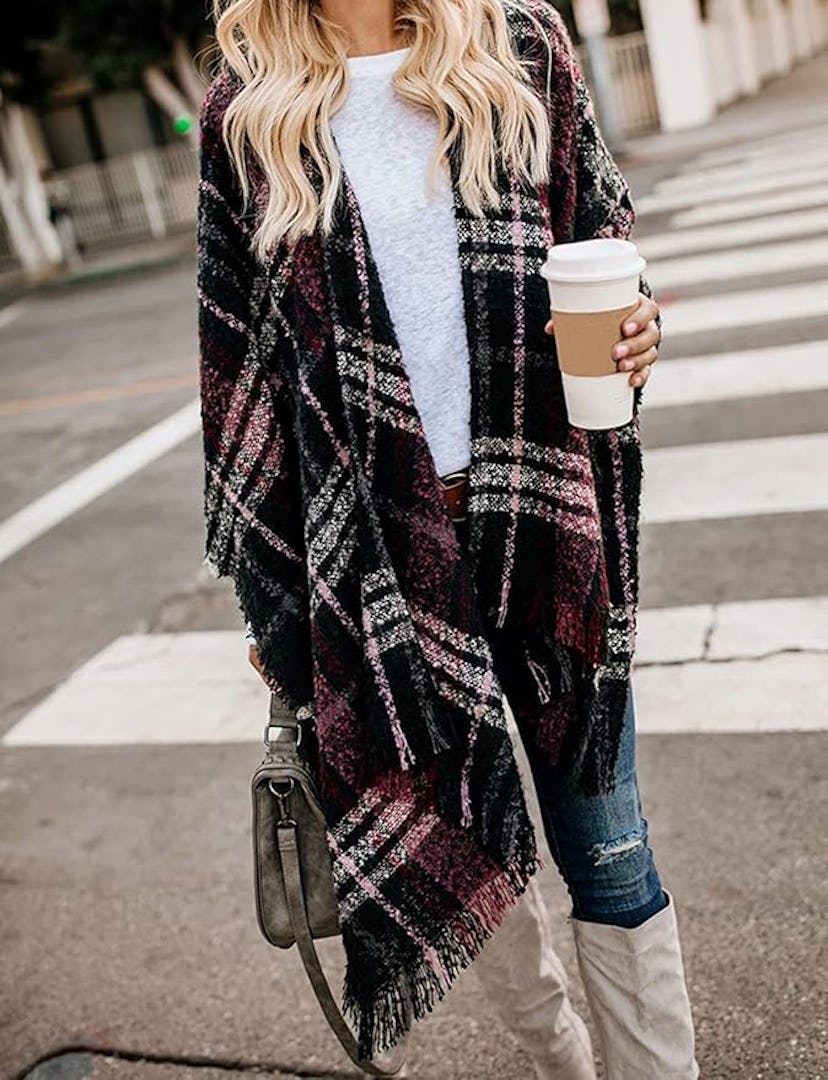 Bestshe Open Front Knitted Plaid Shawl