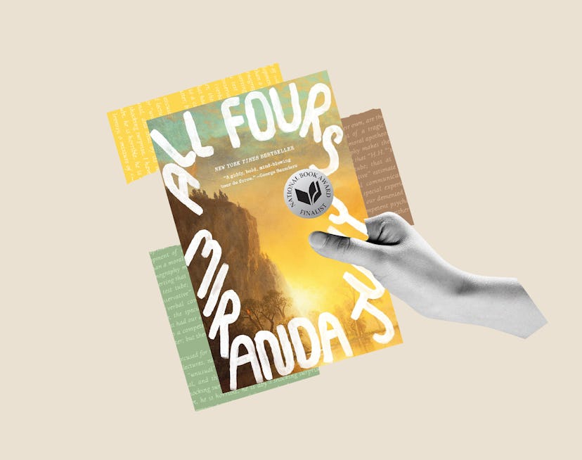 A hand holds the cover of Miranda July's novel, 'All Fours.'