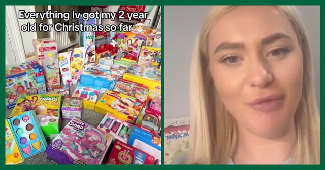 A mom and a huge pile of presents that takes up an entire room. The mom doesn't think she's getting ...